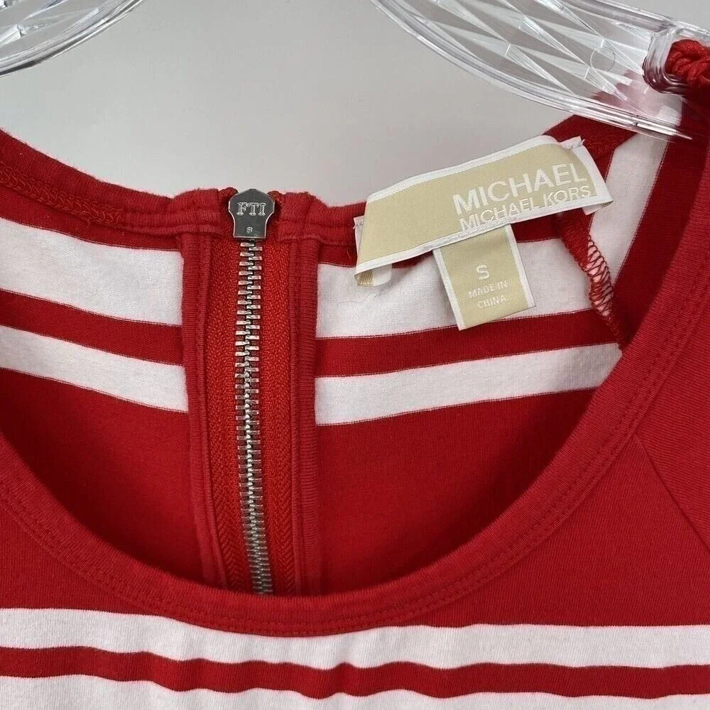 Michael Kors Women S Red White Striped Rhinestone Logo Zip Back T-Shirt Dress